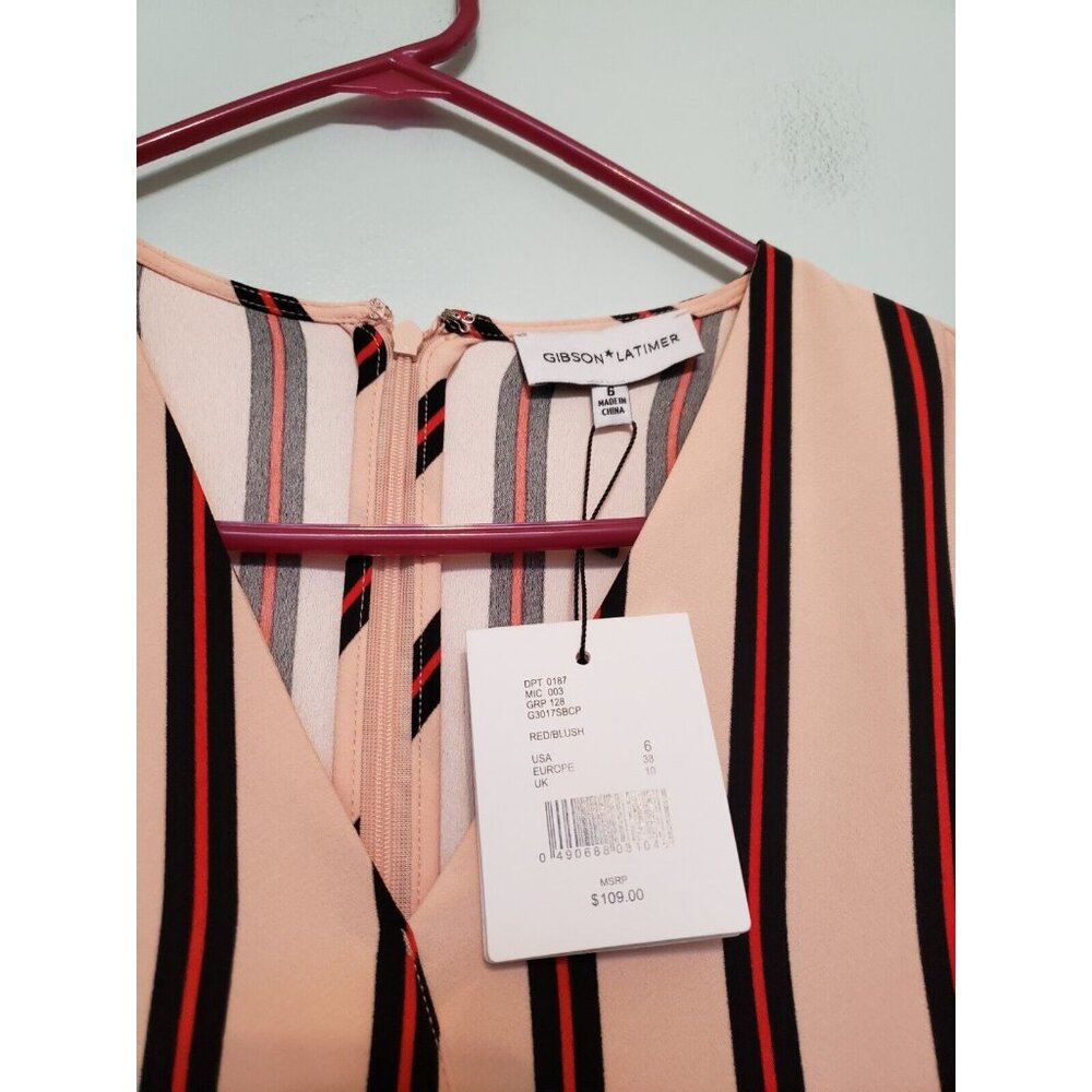 Gibson Latimer Womens 6 Midi Dress V Neck Pink Stripes Ruffle Short Sleeve NWT - Picture 5 of 5
